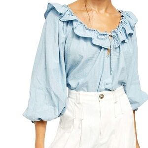 Free People Womens Light Blue Long Sleeve Scoop Neck Top
